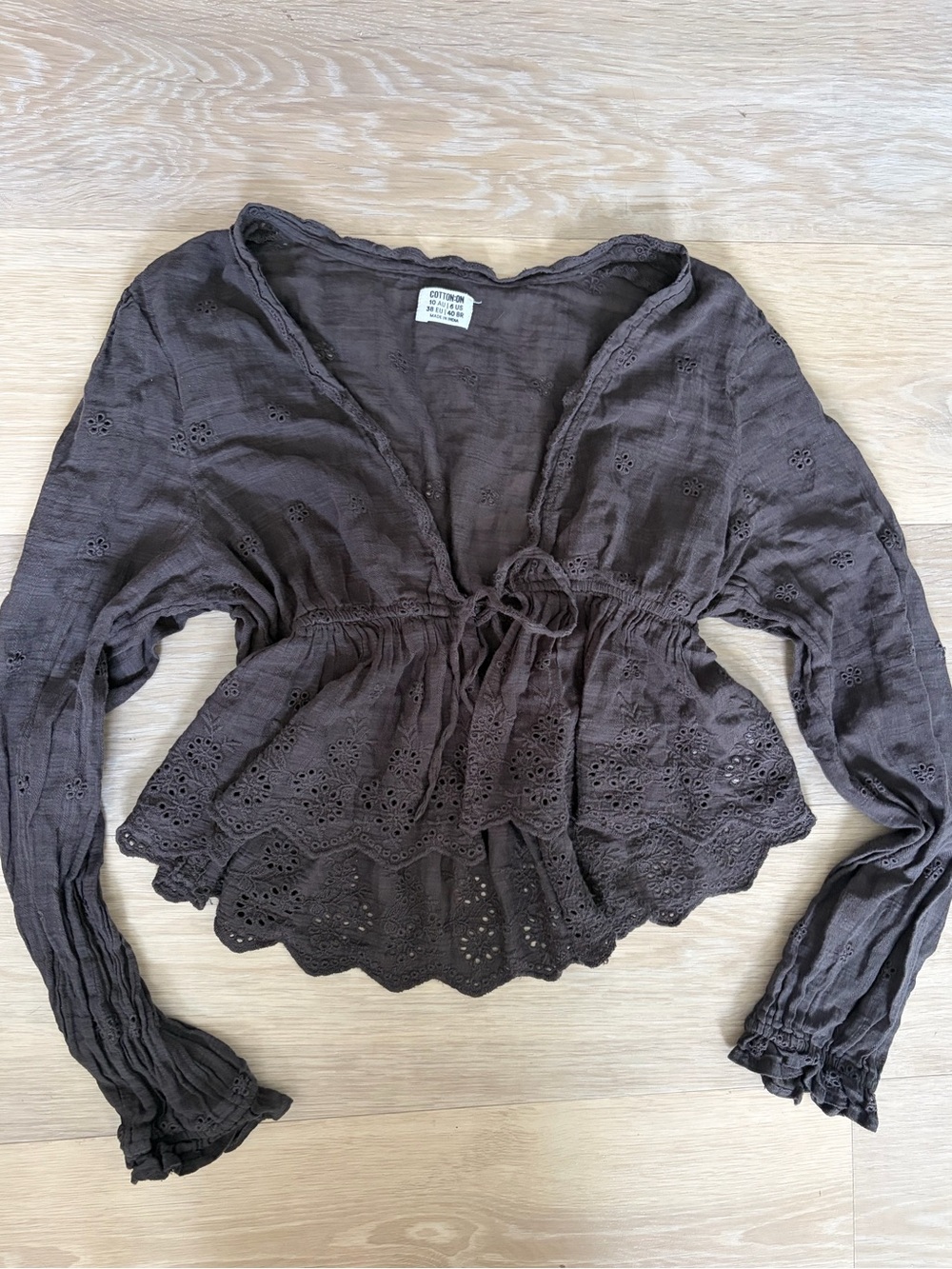 Cotton On Brown Eyelet Peplum Tie Front Blouse Size 6